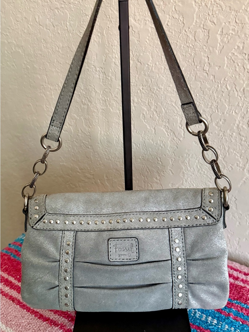 Fossil Metallic Silver Genuine Leather Studded Shoulder Bag Early 2010s - Picture 3 of 17